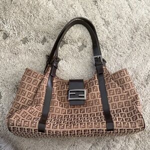 Vintage 2006 Fendi Brown Monogram Zucca Shoulder Bag with Dark Leather Trim